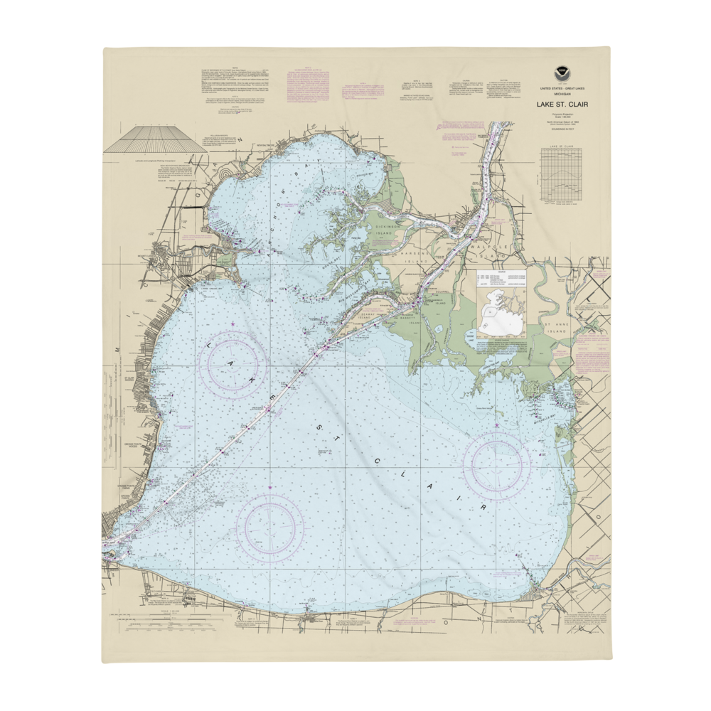 Lake St Clair Nautical Chart Fleece Throw Blanket Chart Mugs